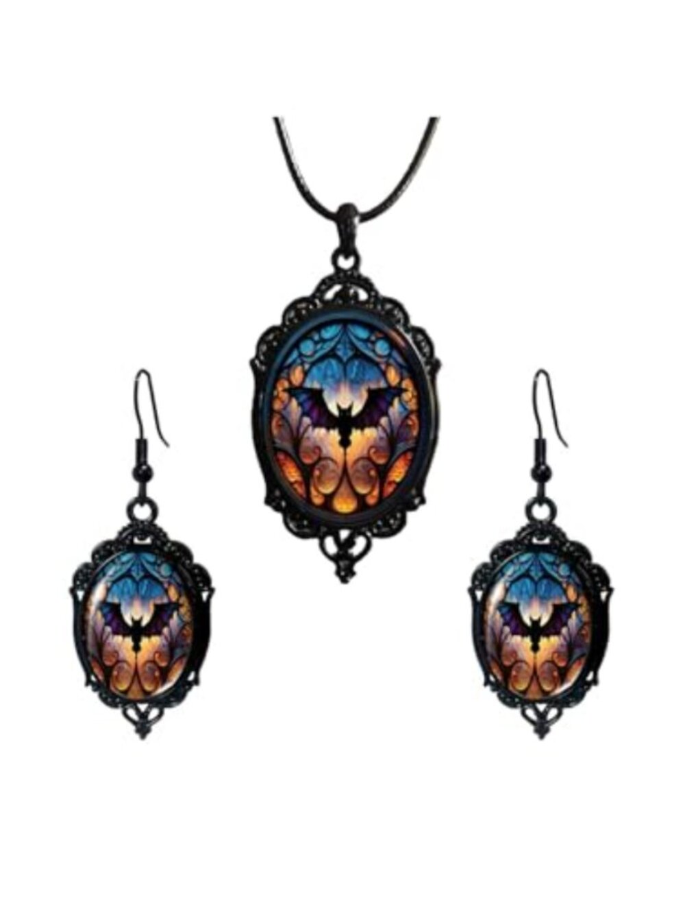 Gothic Bat Necklace Earrings Set Vintage Rope Chain Oxidized Metal Halloween